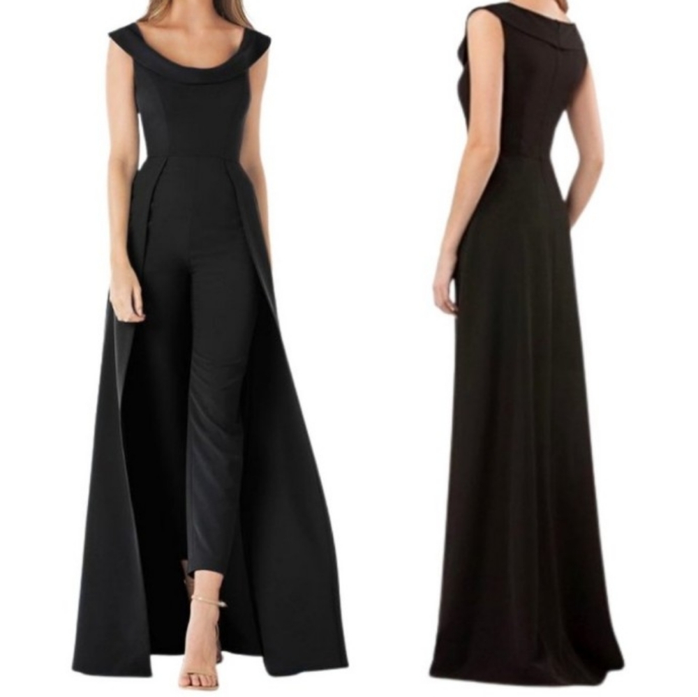Kay Unger Black Anais Jumpsuit Gown with Overlay Cape Skirt Plus Size Size 16
